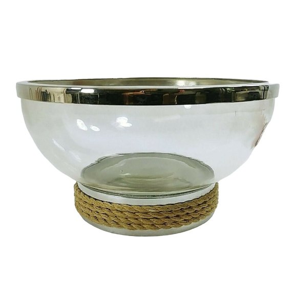 Bowl Glass Fruit Salad Serving Bowl Chrome Trim Rope Accent - Picture 4 of 9